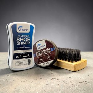Classic Shoe Shine Sponge - Dual Sided - NEUTRAL + Premium Shoe Polish - BROWN + Hair Shoe Brush
